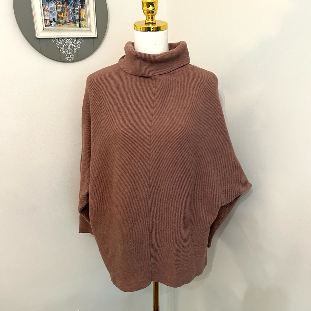 Oversized Brown Sweater Tunic Turtleneck Ribbed Texture Drop Shoulder Size XL
